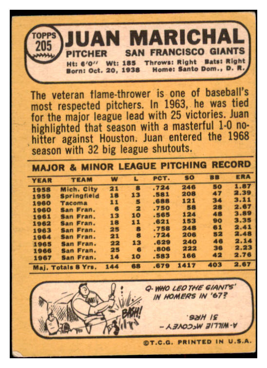1968 Topps Baseball #205 Juan Marichal Giants VG-EX 531300