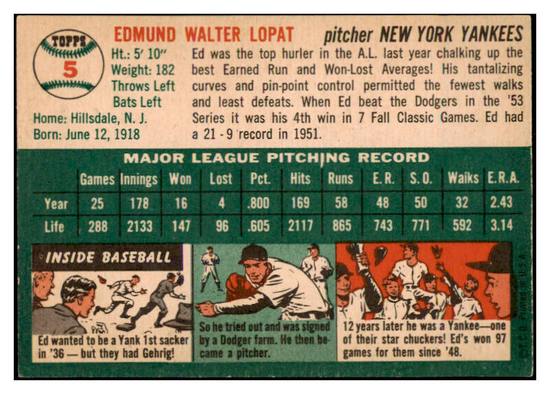 1954 Topps Baseball #005 Eddie Lopat Yankees EX-MT 531329