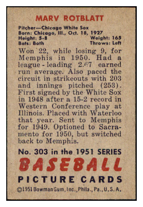 1951 Bowman Baseball #303 Marv Rotblatt White Sox EX-MT 531358