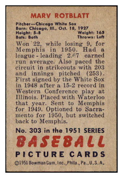1951 Bowman Baseball #303 Marv Rotblatt White Sox EX-MT 531358