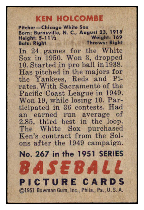 1951 Bowman Baseball #267 Ken Holcombe White Sox EX-MT 531377