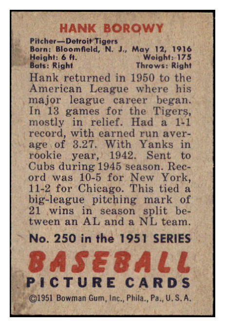 1951 Bowman Baseball #250 Hank Borowy Tigers EX-MT 531386