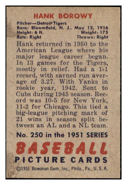 1951 Bowman Baseball #250 Hank Borowy Tigers EX-MT 531386