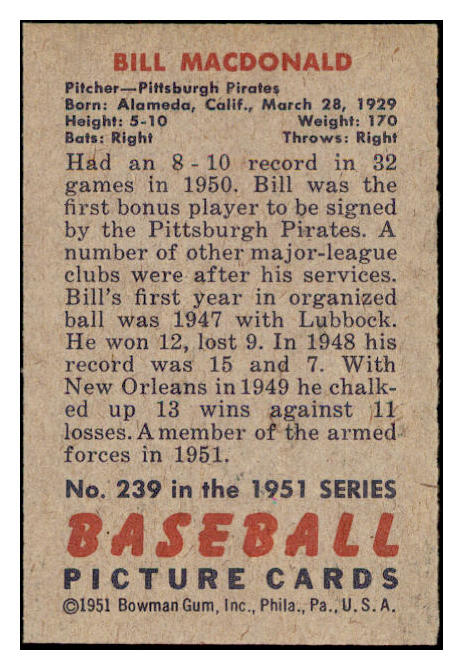 1951 Bowman Baseball #239 Bill MacDonald Pirates EX-MT 531391