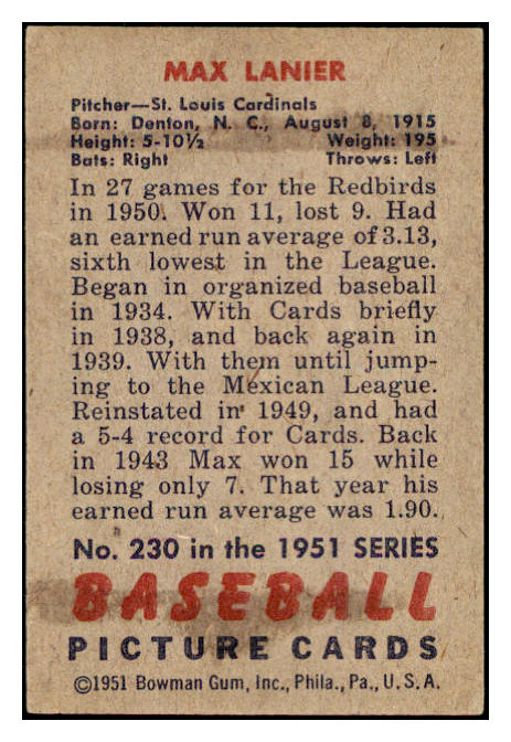 1951 Bowman Baseball #230 Max Lanier Cardinals EX-MT 531396