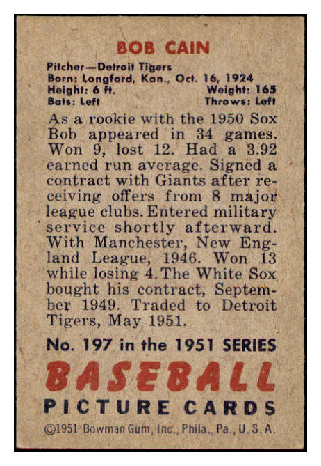 1951 Bowman Baseball #197 Bob Cain Tigers EX-MT 531404