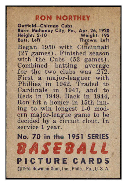 1951 Bowman Baseball #070 Ron Northey Cubs EX-MT 531412