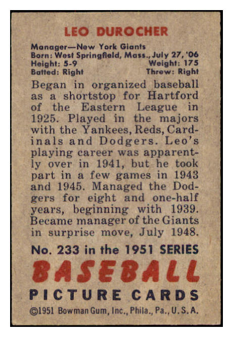 1951 Bowman Baseball #233 Leo Durocher Giants EX-MT 531432