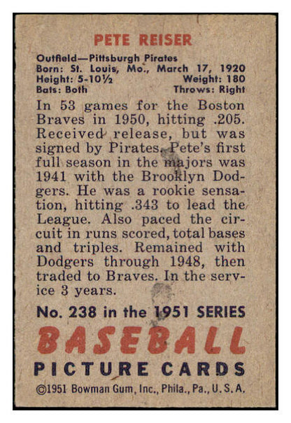 1951 Bowman Baseball #238 Pete Reiser Pirates EX-MT 531433
