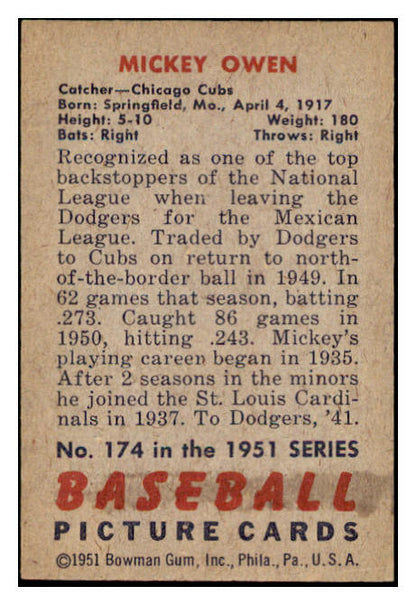 1951 Bowman Baseball #174 Mickey Owen Cubs EX-MT 531436