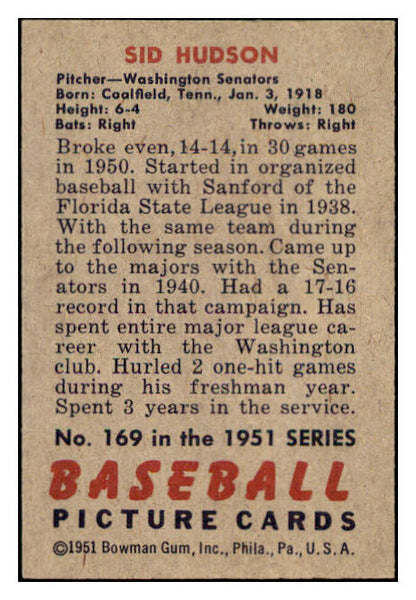 1951 Bowman Baseball #169 Sid Hudson Senators EX-MT 531438