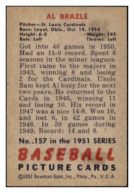 1951 Bowman Baseball #157 Al Brazle Cardinals EX-MT 531442