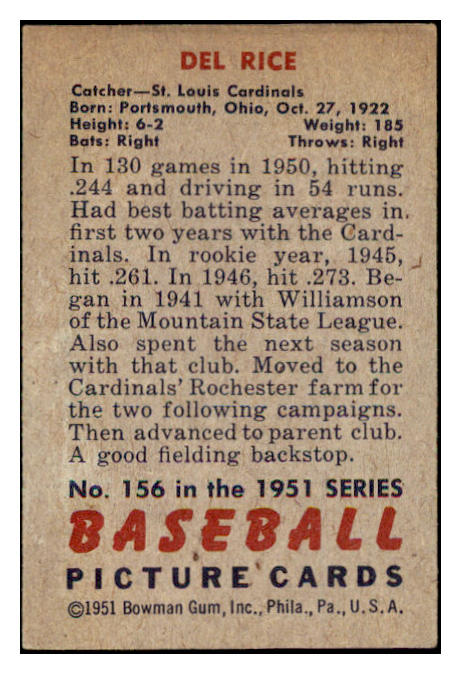 1951 Bowman Baseball #156 Del Rice Cardinals EX-MT 531443