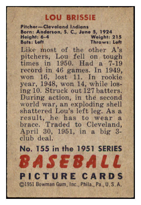 1951 Bowman Baseball #155 Lou Brissie Indians EX-MT 531444