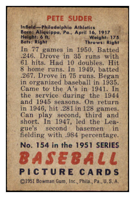 1951 Bowman Baseball #154 Pete Suder A's EX-MT 531445