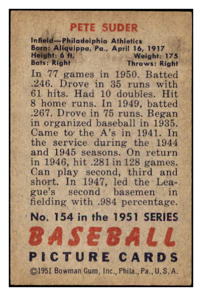 1951 Bowman Baseball #154 Pete Suder A's EX-MT 531445