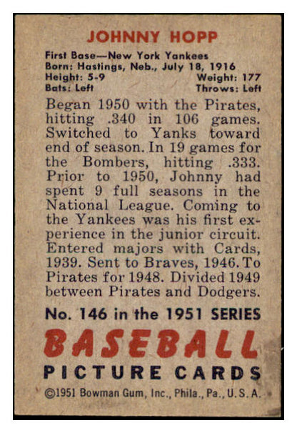 1951 Bowman Baseball #146 Johnny Hopp Yankees EX-MT 531448