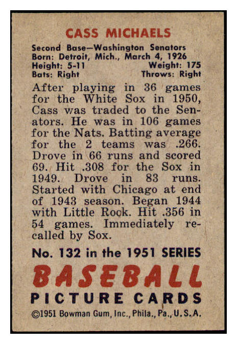 1951 Bowman Baseball #132 Cass Michaels Senators EX-MT 531452