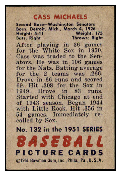 1951 Bowman Baseball #132 Cass Michaels Senators EX-MT 531452