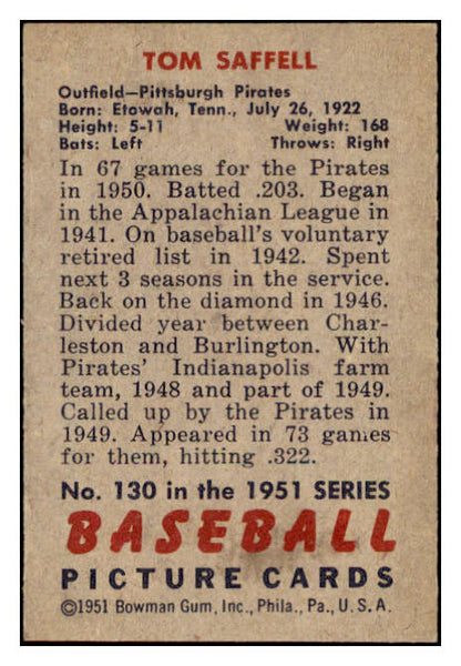 1951 Bowman Baseball #130 Tom Saffell Pirates EX-MT 531453