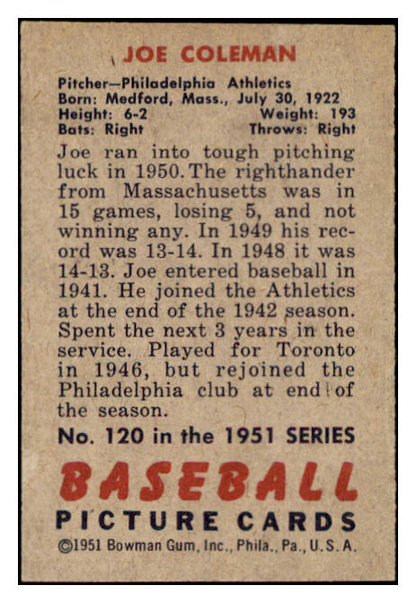 1951 Bowman Baseball #120 Joe Coleman A's EX-MT 531456