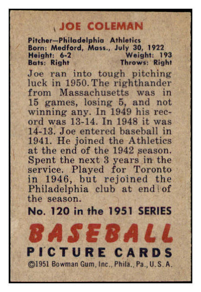 1951 Bowman Baseball #120 Joe Coleman A's EX-MT 531456