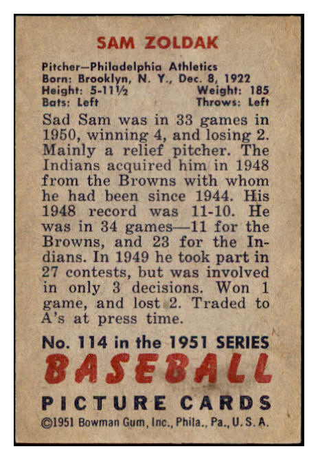 1951 Bowman Baseball #114 Sam Zoldak A's EX-MT 531459