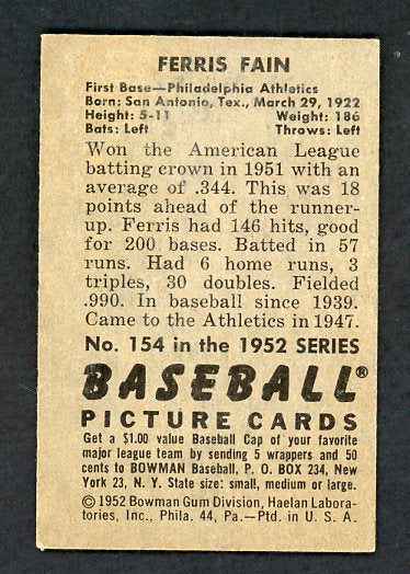 1952 Bowman Baseball #154 Ferris Fain A's EX-MT 531468
