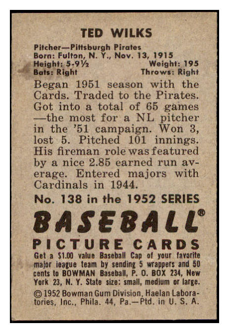 1952 Bowman Baseball #138 Ted Wilks Pirates EX-MT 531486