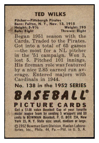 1952 Bowman Baseball #138 Ted Wilks Pirates EX-MT 531486