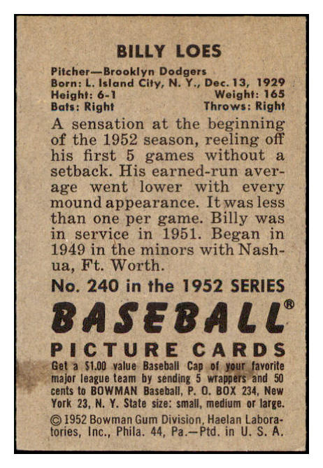 1952 Bowman Baseball #240 Billy Loes Dodgers EX-MT 531500
