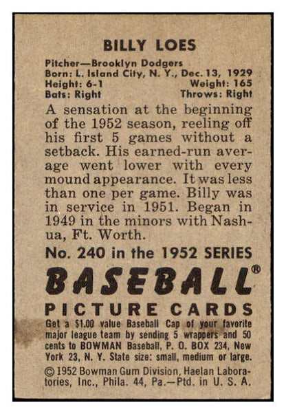 1952 Bowman Baseball #240 Billy Loes Dodgers EX-MT 531500