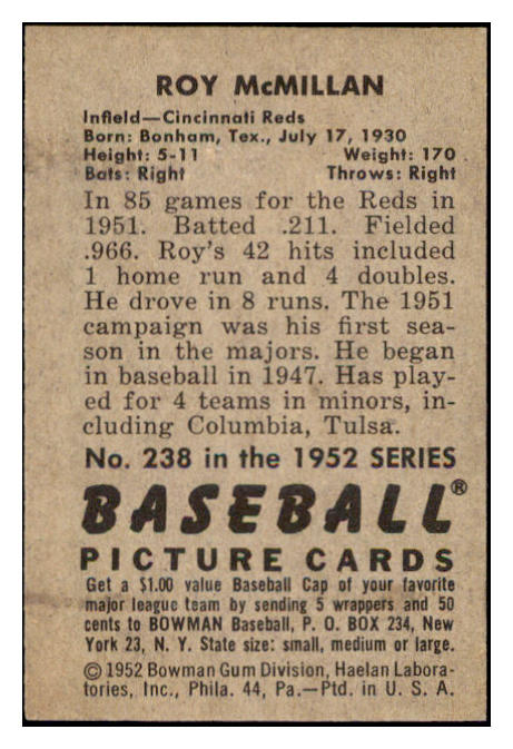 1952 Bowman Baseball #238 Roy McMillan Reds EX-MT 531502