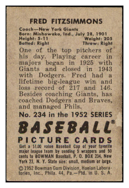 1952 Bowman Baseball #234 Fred Fitzsimmons Giants EX-MT 531504