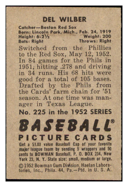 1952 Bowman Baseball #225 Del Wilber Red Sox EX-MT 531507