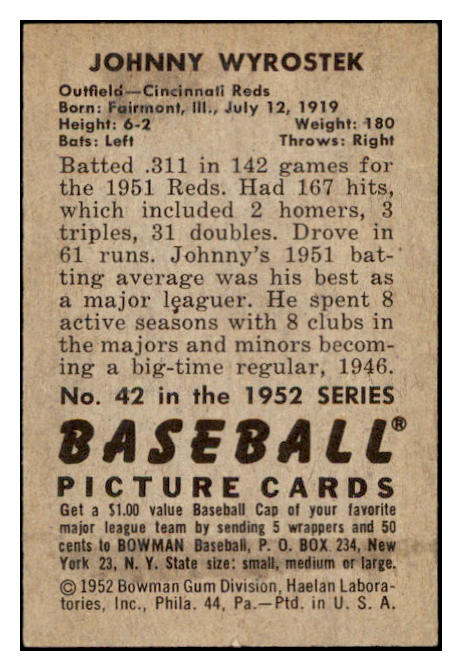 1952 Bowman Baseball #042 Johnny Wyrostek Reds EX-MT 531529