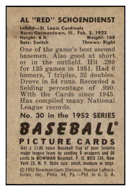 1952 Bowman Baseball #030 Red Schoendienst Cardinals EX-MT 531542