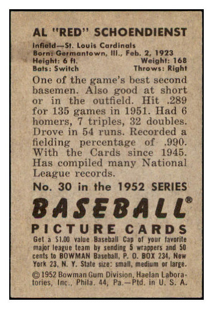 1952 Bowman Baseball #030 Red Schoendienst Cardinals EX-MT 531542