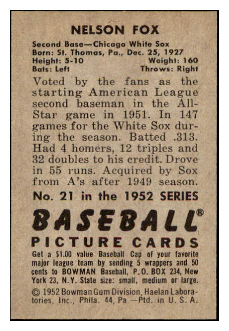 1952 Bowman Baseball #021 Nellie Fox White Sox EX-MT 531544