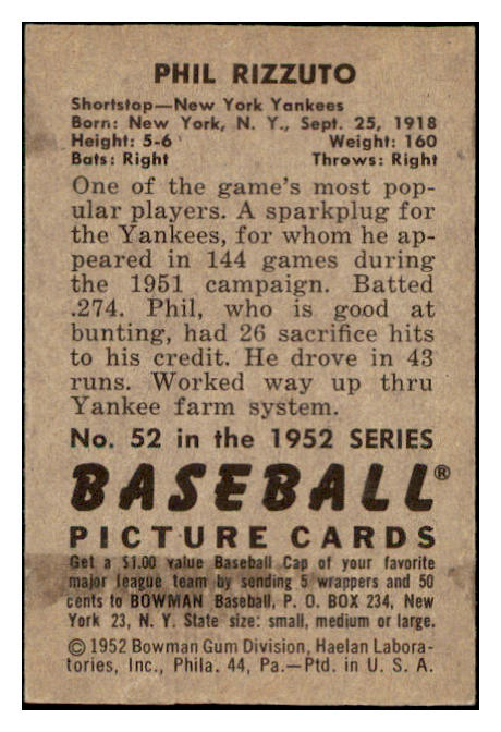 1952 Bowman Baseball #052 Phil Rizzuto Yankees EX-MT 531547