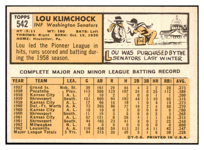 1963 Topps Baseball #542 Lou Klimchock Senators EX-MT 531577