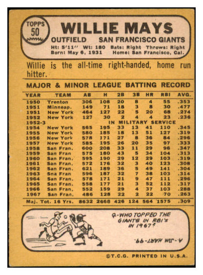 1968 Topps Baseball #050 Willie Mays Giants EX 531732