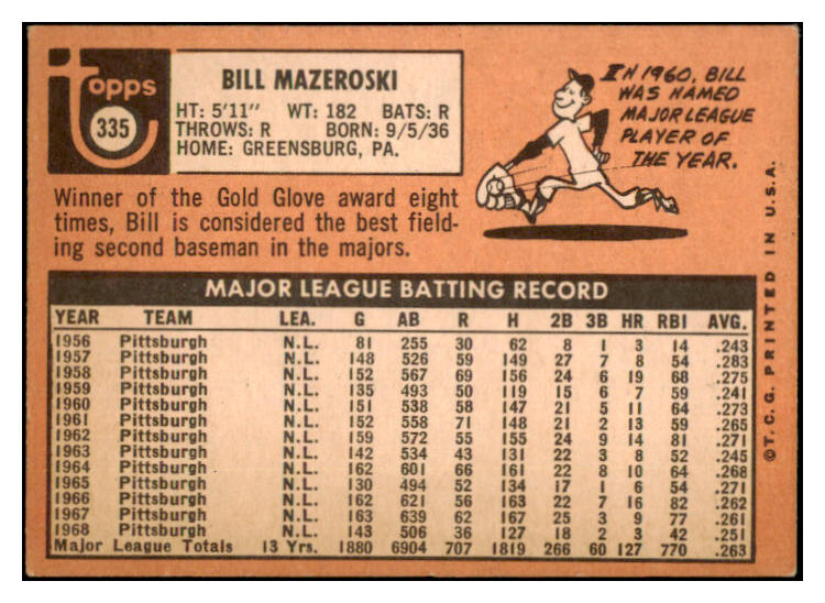 1969 Topps Baseball #335 Bill Mazeroski Pirates EX 531770