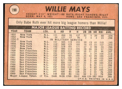 1969 Topps Baseball #190 Willie Mays Giants VG 531786