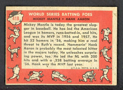 1958 Topps Baseball #418 Mickey Mantle Hank Aaron EX+/EX-MT 531805