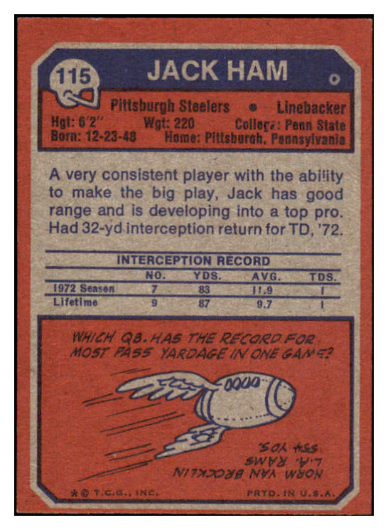 1973 Topps Football #115 Jack Ham Steelers EX-MT 531854