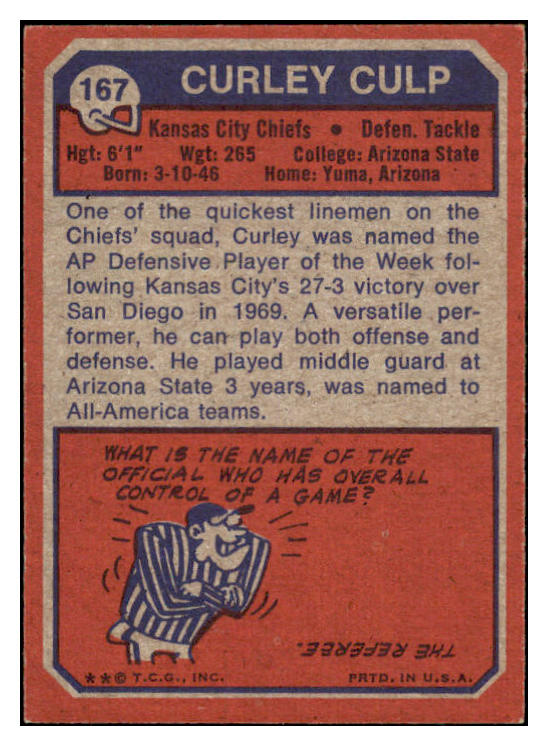 1973 Topps Football #167 Curley Culp Chiefs EX 531859