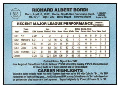 1986 Donruss #518 Rich Bordi Yankees Signed Autographed 531873