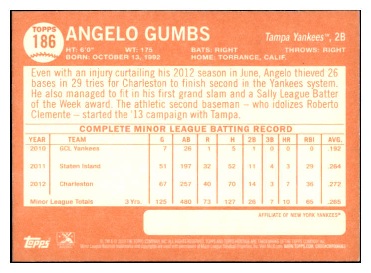 2013 Topps Heritage #186 Angelo Gumbs Yankees Signed Autographed 531885