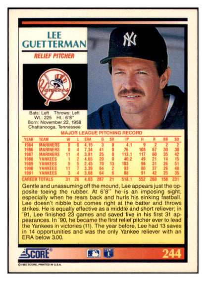 1992 Score #244 Lee Guetterman Yankees Signed Autographed 531886